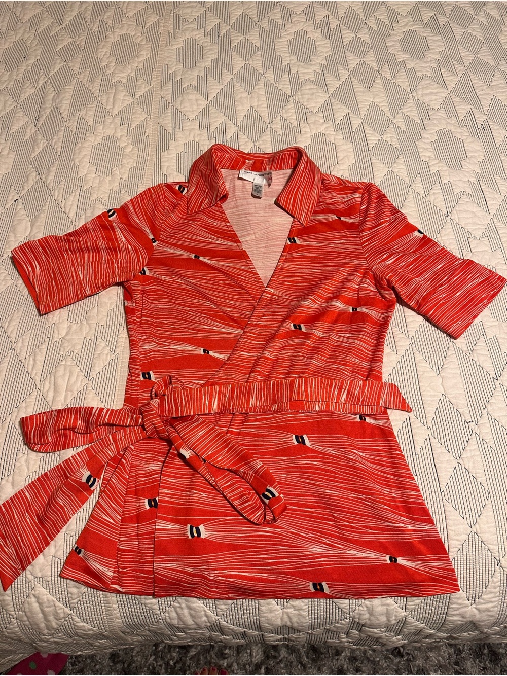 Diane Von Furstenberg Women’s Red-Orange Wrap-Style Top with Belt